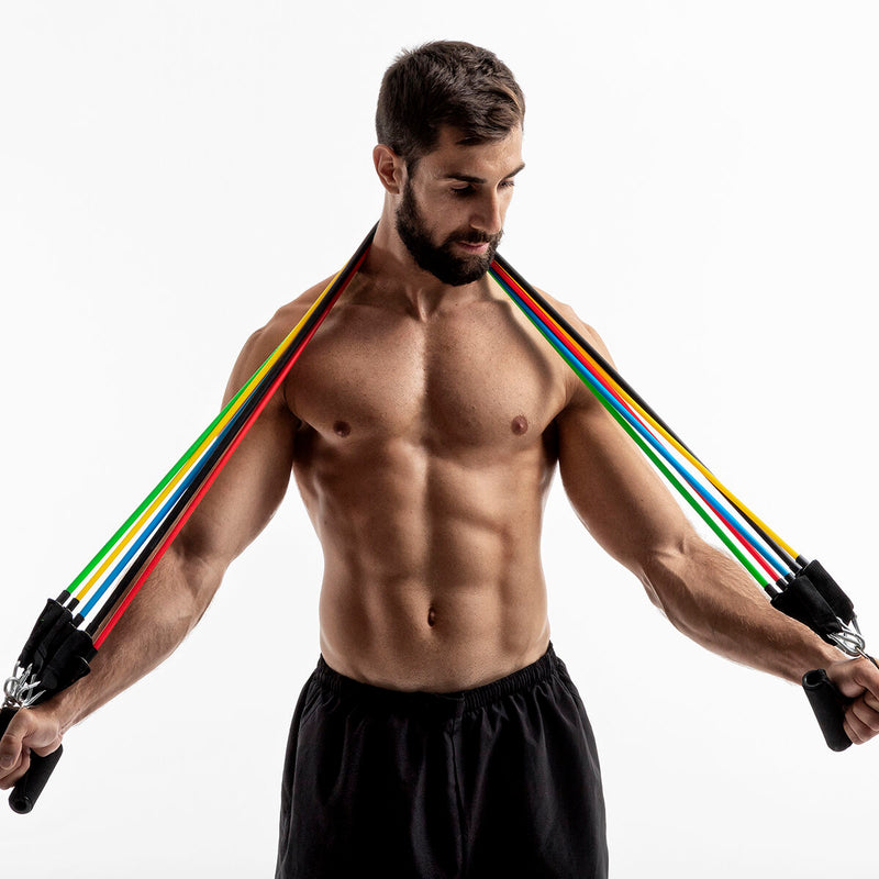 Widerstandsbänder für Ganzkörpertraining – Resistance Band Set – 5er Fitnessbänder mit Zubehör & Tragetasche – Home Gym – inkl. Trainingsanleitung