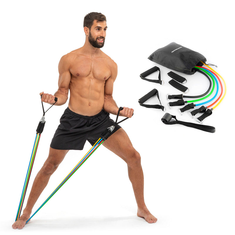 Widerstandsbänder für Ganzkörpertraining – Resistance Band Set – 5er Fitnessbänder mit Zubehör & Tragetasche – Home Gym – inkl. Trainingsanleitung